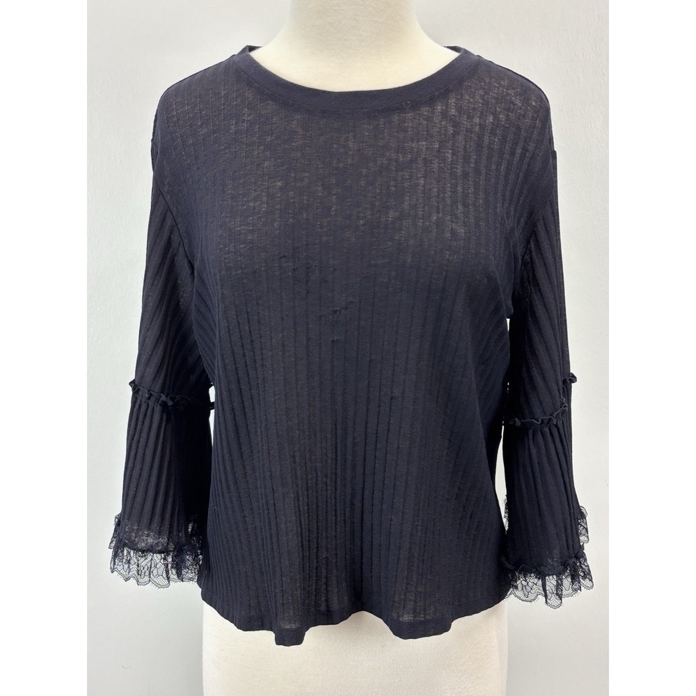 See By Chloe Ribbed Shirt Top Sz Medium Women's Navy Lace Trim Semi Sheer